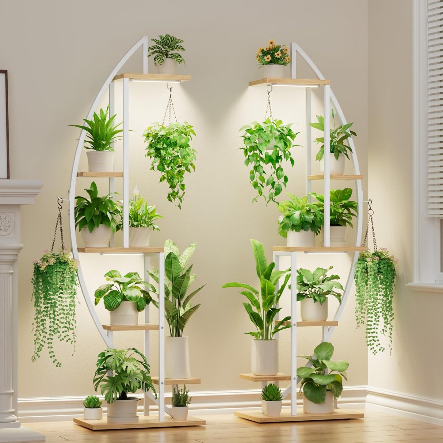 BACEKOLL Plant Stand Indoor with Grow Lights, 6 Tiered Tall Plant Shelf, 63" Metal Plant Stand for Indoor Plants Multiple, Half-Moon Plant Rack Display Shelf, 2 Pcs Plant Holder for Living Room, Patio