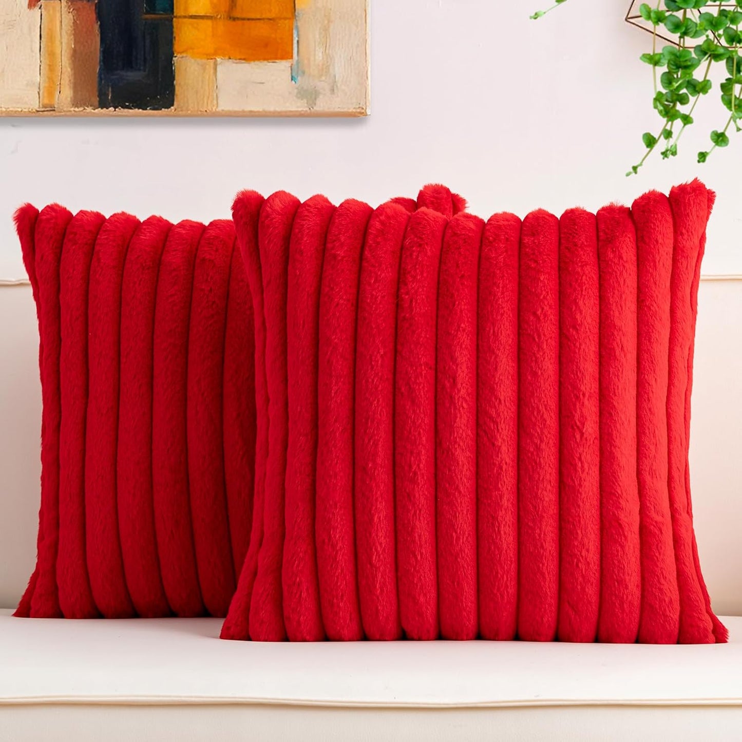 Aegero Pack of 2 Faux Fur Christmas Throw Pillow Covers 18x18 Inch, Soft Plush Striped Neutral Couch Pillow Cover, with Velvet Back Modern Home Decor for Sofa Living Room Couch Bed Cream White