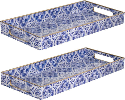 MAONAME White Decorative Tray, Plastic Serving Tray with Handles, Rectangular Moroccan Trays, Long Narrow Trays for Bathroom, Kitchen Counter, 13.8" X 6" X 1.57"