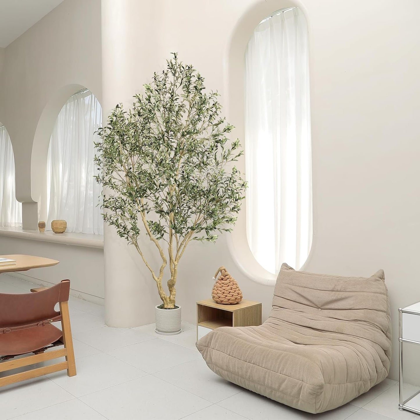 Realead Artificial Olive Tree 8ft - Large Faux Olive Tree with Realistic Leaves and Olives - Full and Grand Design Fake Olive Tree with Sturdy Base for Indoor Outdoor Office Decor
