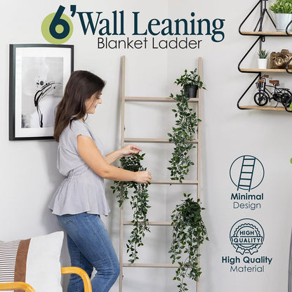 Blanket Ladder for Living Room and Bedroom, 5ft 8 inch, 6-Tier Wall Leaning Laminate Snag Free Construction (White) Rustic Decorative Farmhouse Blanket Storage, Quilt Rack, Ladder Shelf, Easy Assembly