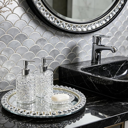 Crystal Glass Tray, Modern Mirror Jewelry Dresser Trinket Trays with Crushed Diamond, 11.8" x 7.9"Rectangular Makeup Perfume Tray for Bathroom Bedroom, Home Decor, Hotel Banquet, Party(Silver)