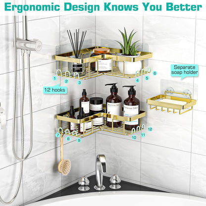 YASONIC Corner Adhesive Shower Caddy, with Soap Holder and 12 Hooks, Rustproof Stainless Steel Bathroom Organizer, No Drilling Wall Mounted Rack, Black, 3-Pack