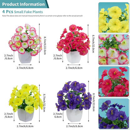 LOYWREE 4 Pack Small Artificial Mums Flowers in White Pots, Fake Mini Potted Plants, Spring Floral Decor for Home Bathroom Shelves Office Desk Table Centerpiece Indoor Decoration
