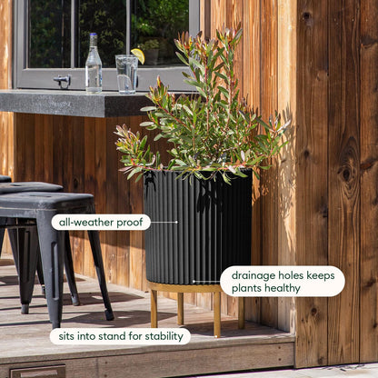 Veradek Demi Series Round Planter w/ Stand for Porch/Patio | Durable Plastic-Concrete & Wooden Stand | Modern Décor for Tall Plants, Flowers