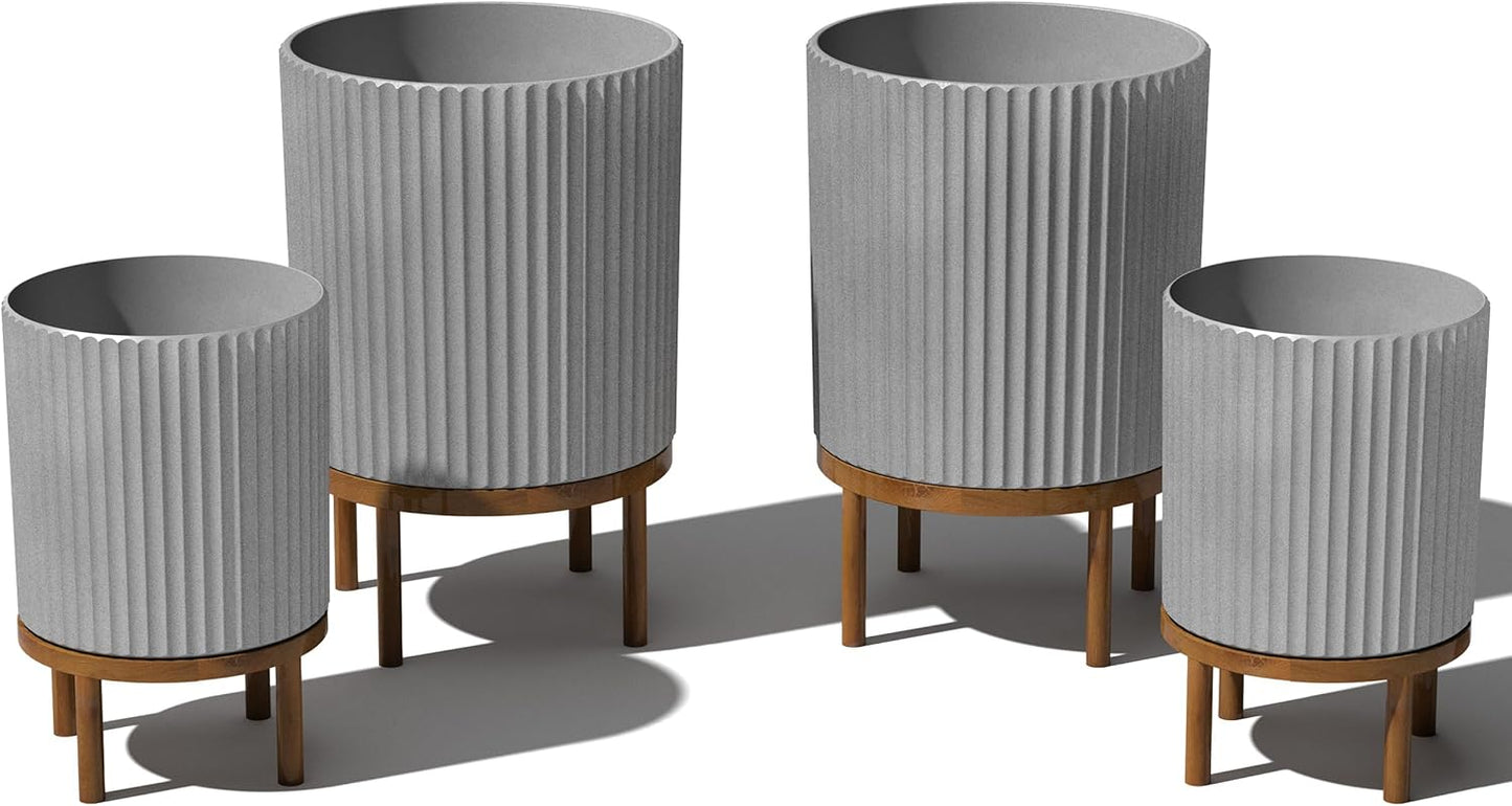 Veradek Demi Series Round Planter w/ Stand for Porch/Patio | Durable Plastic-Concrete & Wooden Stand | Modern Décor for Tall Plants, Flowers