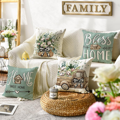 AVOIN colorlife Bless Our Home Farmhouse Eucalyptus Leaves Throw Pillow Covers, 18 x 18 Inch Truck Home Sweet Home Cushion Case Decorations Set of 4