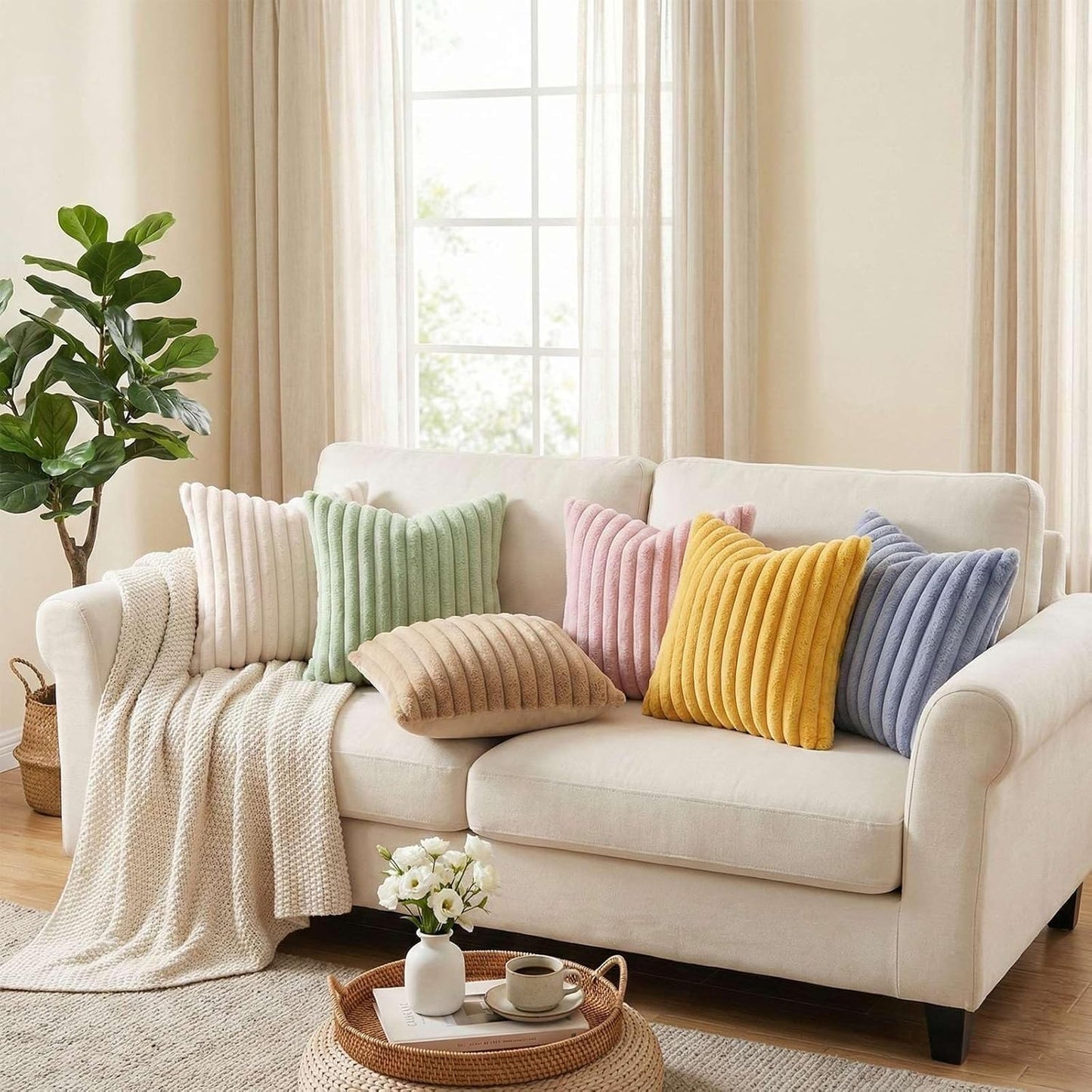 Pallene Faux Fur Plush Throw Pillow Covers 18x18 Set of 2, Luxury Soft Fluffy Striped Decorative Pillow Covers for Sofa, Couch, Living Room, Cream White