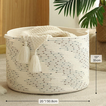 KAKAMAY Large Blanket Basket (20"x13"),Woven Baskets for storage Baby Laundry Hamper, Cotton Rope Blanket Basket for Living Room, Laundry, Nursery, Pillows, Baby Toy chest (White/Brown)