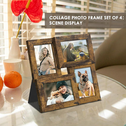 DUENPY 4x6 Collage Picture Frame Tempered Glass Front, Displays Four 4x6 Photo, Family Photo Collage Frame, Wall Decor Wall Hanging or Tabletop, Brown