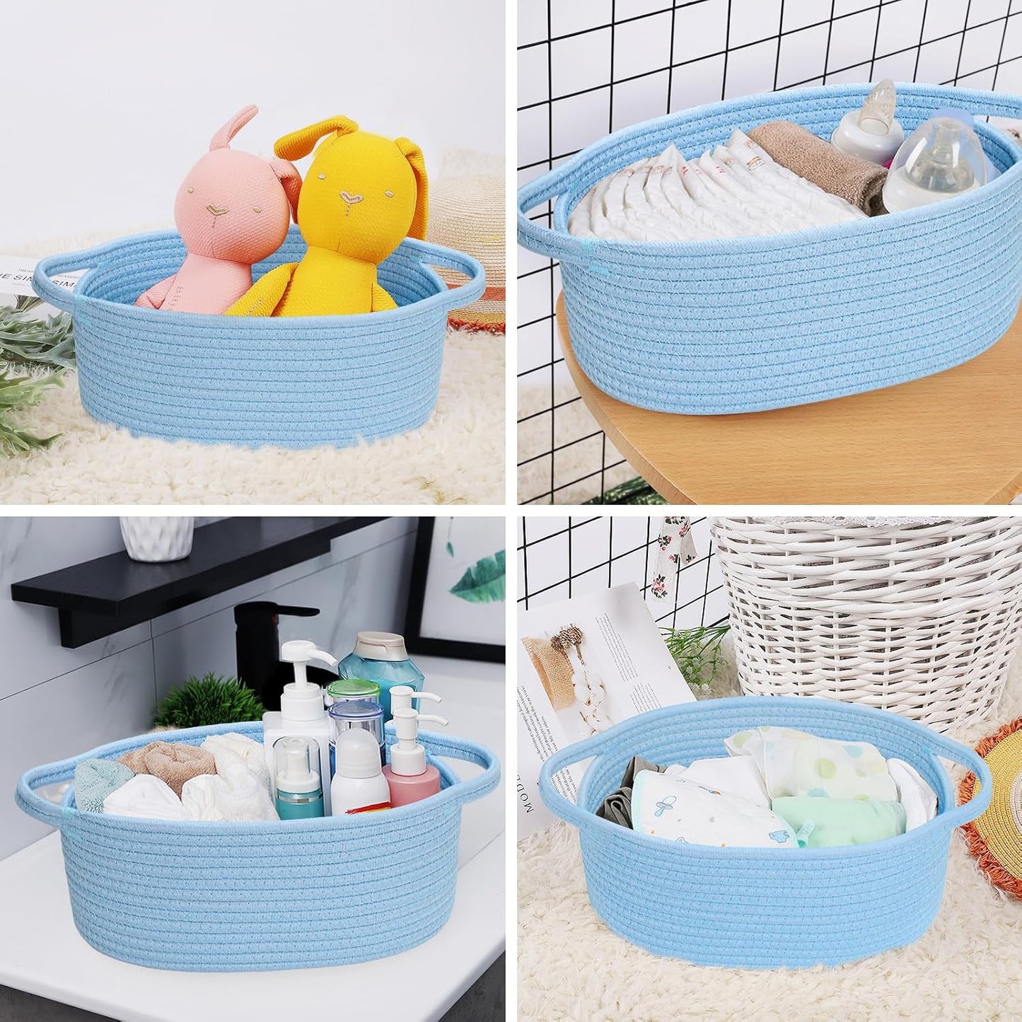 ABenkle Small Basket with Handles, Boho Decorative Rope Woven Dog Cat Toy Storage Bin Shelf Storage Organizer, Easter Christmas Gift Basket, 12"x8"x5", White