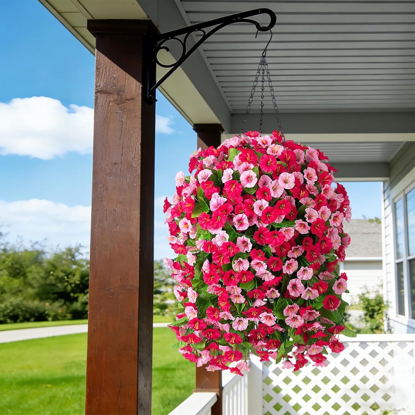 INXUGAO Artificial Flowers with Hanging Basket, Outdoor Faux Plants Silk Morning Glory Vines, Fake Green Arrangement for Garden Patio Spring Summer Decor(4pcs,Darkorchid)