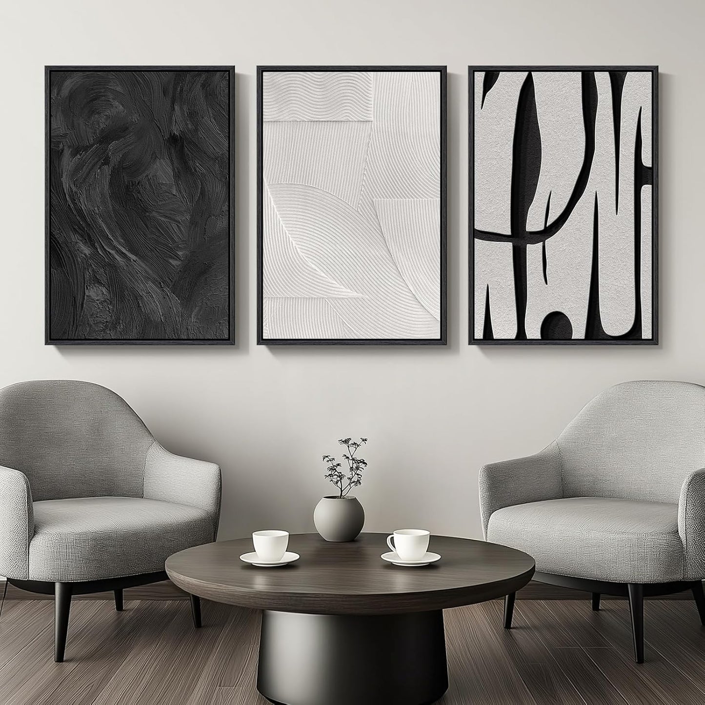 Large Framed Black and White Abstract Wall Art for Living Room, 3 Piece Big Modern Canvas Prints Paintings Artwork for Walls, Minimalist Abstract Art Pictures for Hallway, Office Wall Decor 24x36 In