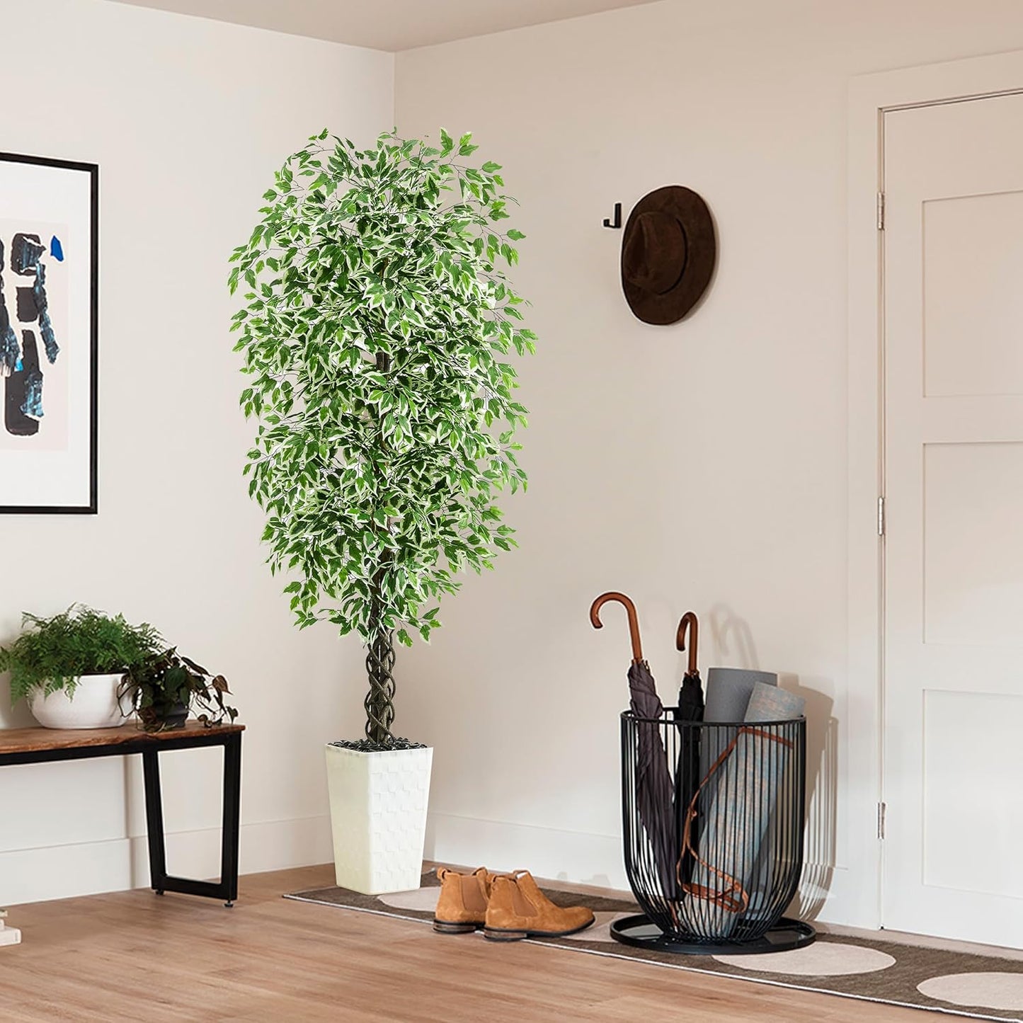 Artificial Ficus Tree 6FT Faux Plants Indoor Tall Fake Plants with White Planter, Green Lifelike Lush Fake Ficus Tree for Home Living Room Bedroom Outdoor Balcony House Office Decor