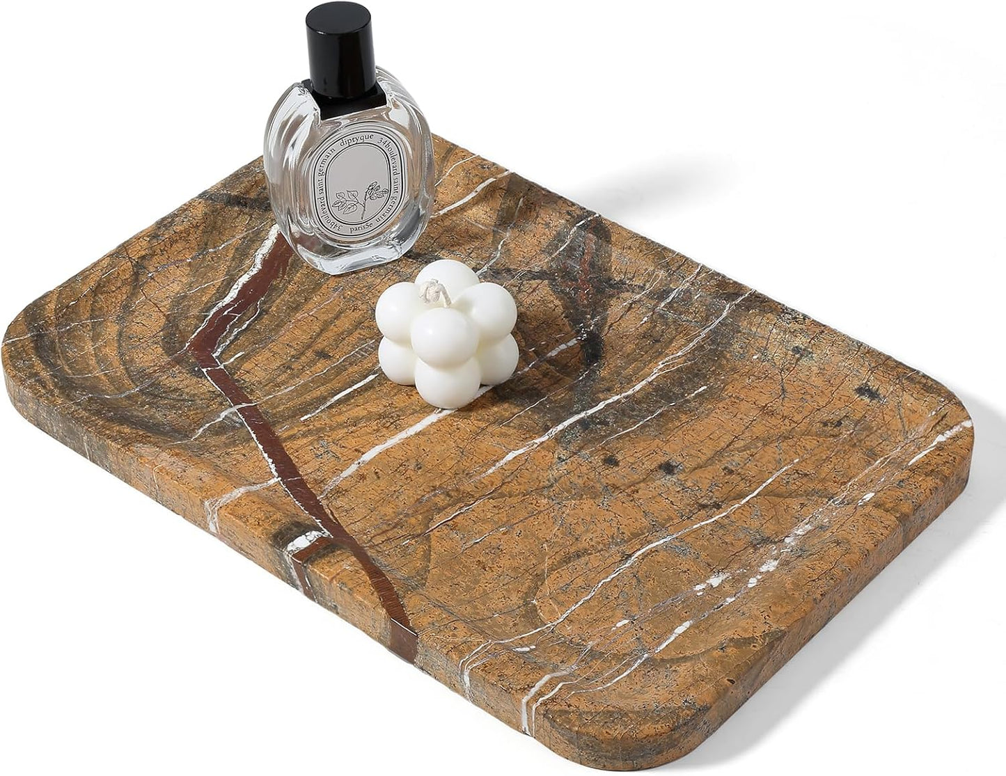 Koville Romano Travertine Tray, 12"x8" Natural Stone Vanity Tray for Countertop Bathroom Kitchen Dresser, Decorative Marble Catchall Trays for Perfume Jewelry, Rectangular Serving Tray(Beige)