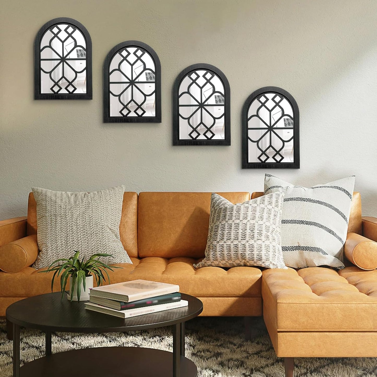 ZEXUIRU 4 Set. Rustic Wall Mirrors for Bedroom Bathroom Living Room Entryway Wood Farmhouse Square Easy to Hang Framed Decorative Accent Hanging Wall-Mounted Mirror Set for Living Room - Black