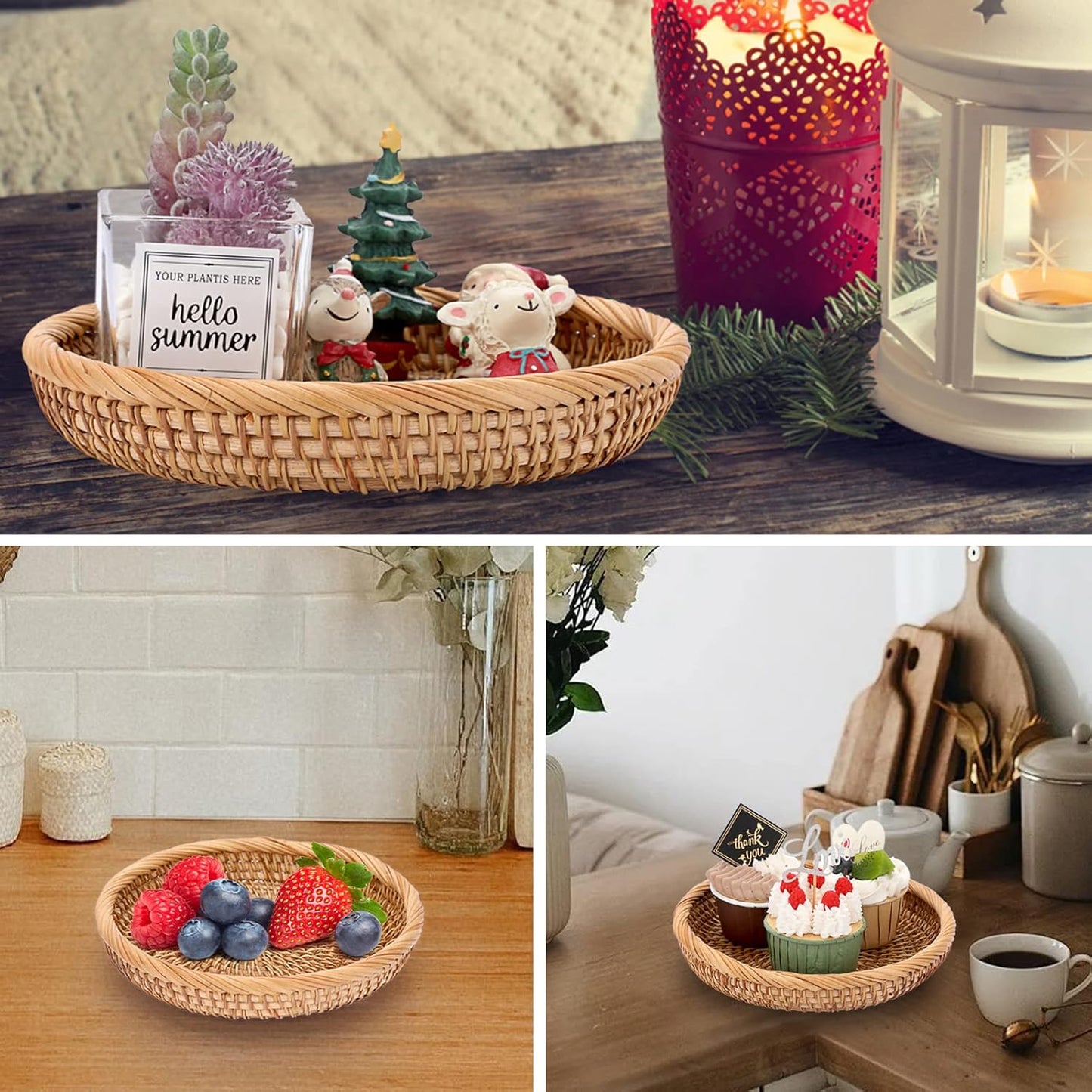 Hipiwe Small Key Basket Bowl for Entryway 7.6" Round Woven Wicker Basket Fruit Serving Tray Woven Basket Wall Decor Rattan Organizer Basket for Keys, Wallet,Whitewash