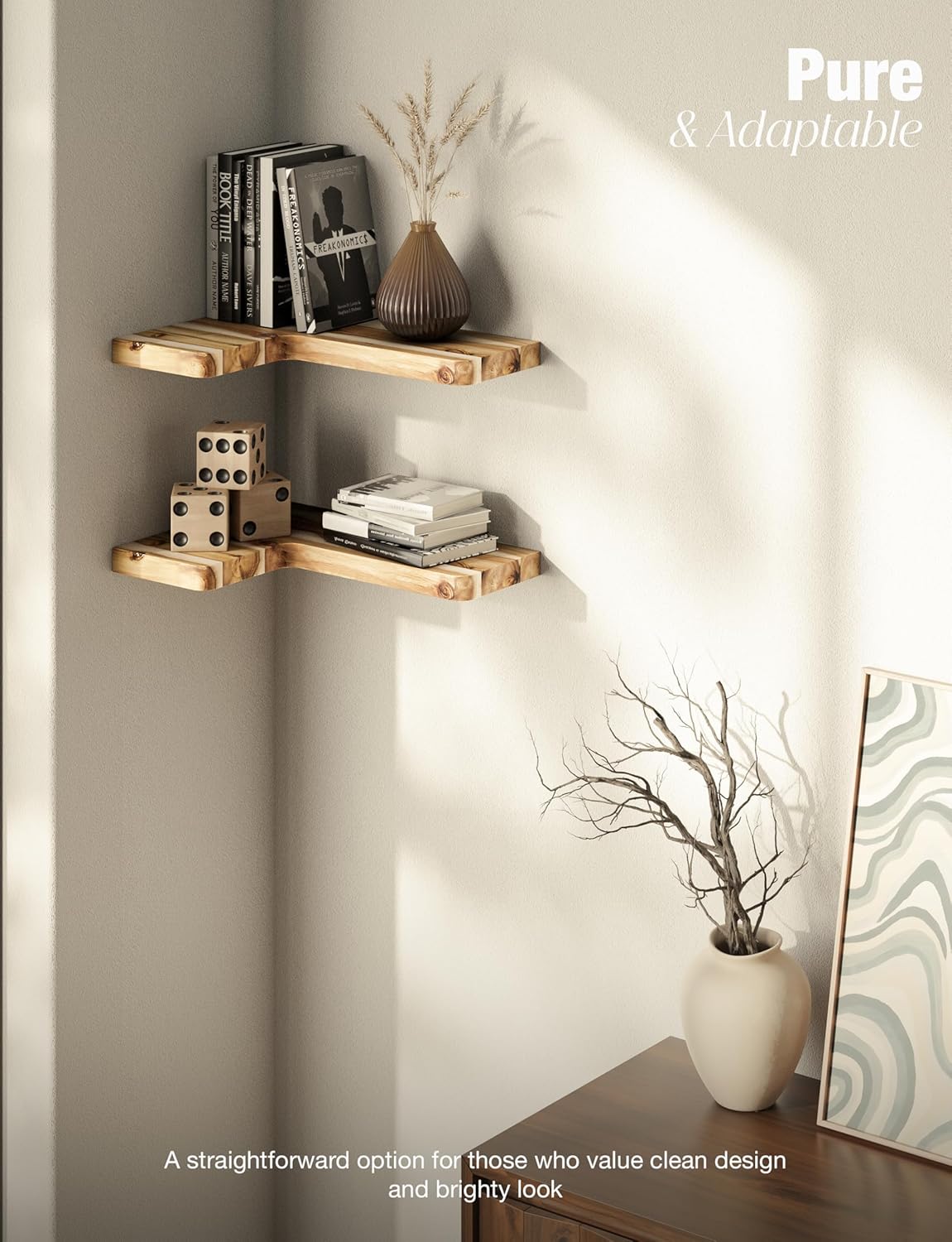 BATODA Acacia Wood Corner Floating Shelves 17" x 12"– Corner Shelf Wall Mounted - Floating Book Shelves for Wall - Brackets and Shelving Hardware Included for Kitchen, Living Room, Bathroom (Set 2)