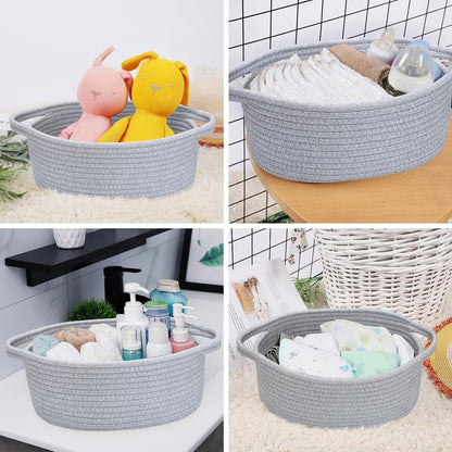 ABenkle Small Basket with Handles, Boho Decorative Rope Woven Dog Cat Toy Storage Bin Shelf Storage Organizer, Easter Christmas Gift Basket, 12"x8"x5", White