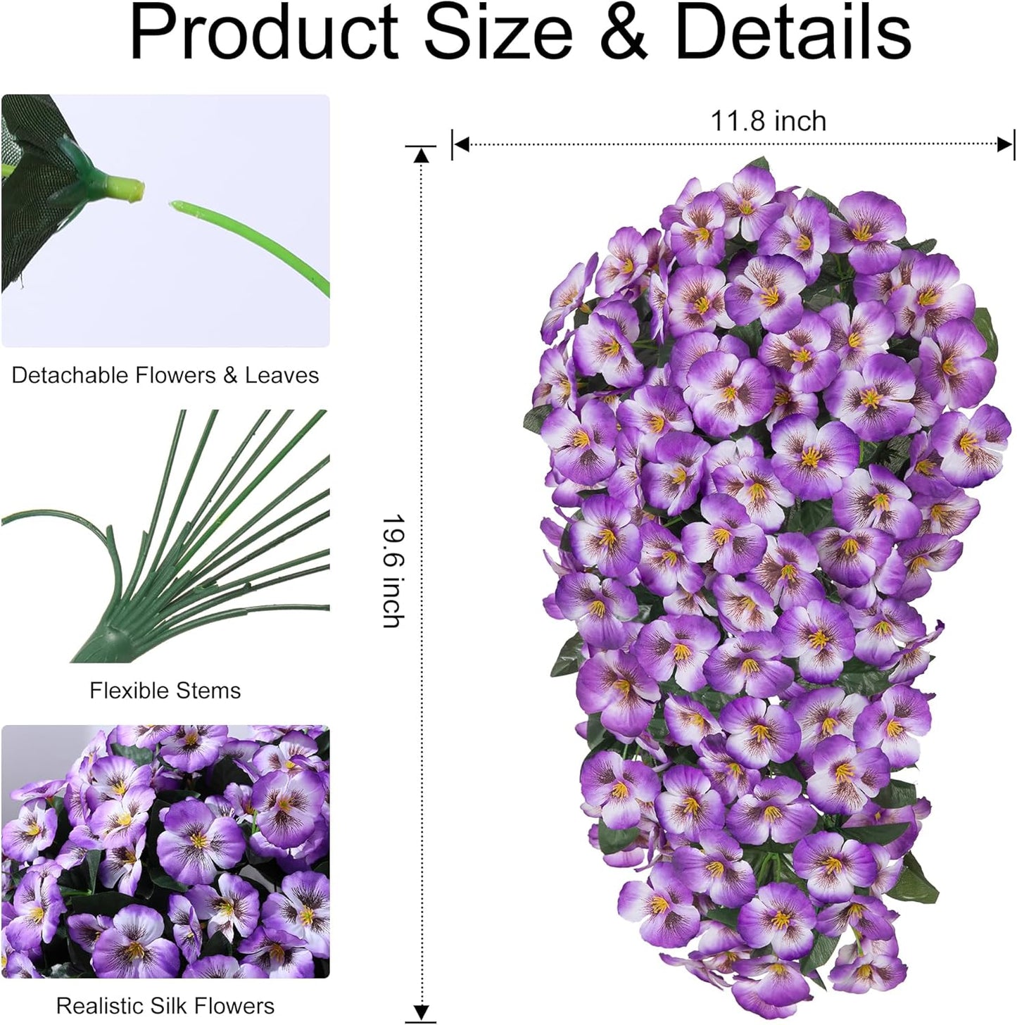 HyeFlora Artificial Flowers for Outdoors, 2pcs Faux Silk Pansies Flowers UV Resistant Fake Hanging Flower Plants for Outside Planters Porch Yard Patio Window Box (Mix Purple)