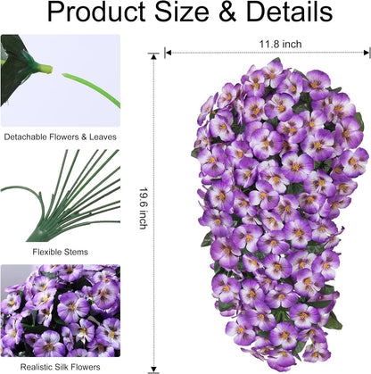 HyeFlora Artificial Flowers for Outdoors, 2pcs Faux Silk Pansies Flowers UV Resistant Fake Hanging Flower Plants for Outside Planters Porch Yard Patio Window Box (Mix Purple)