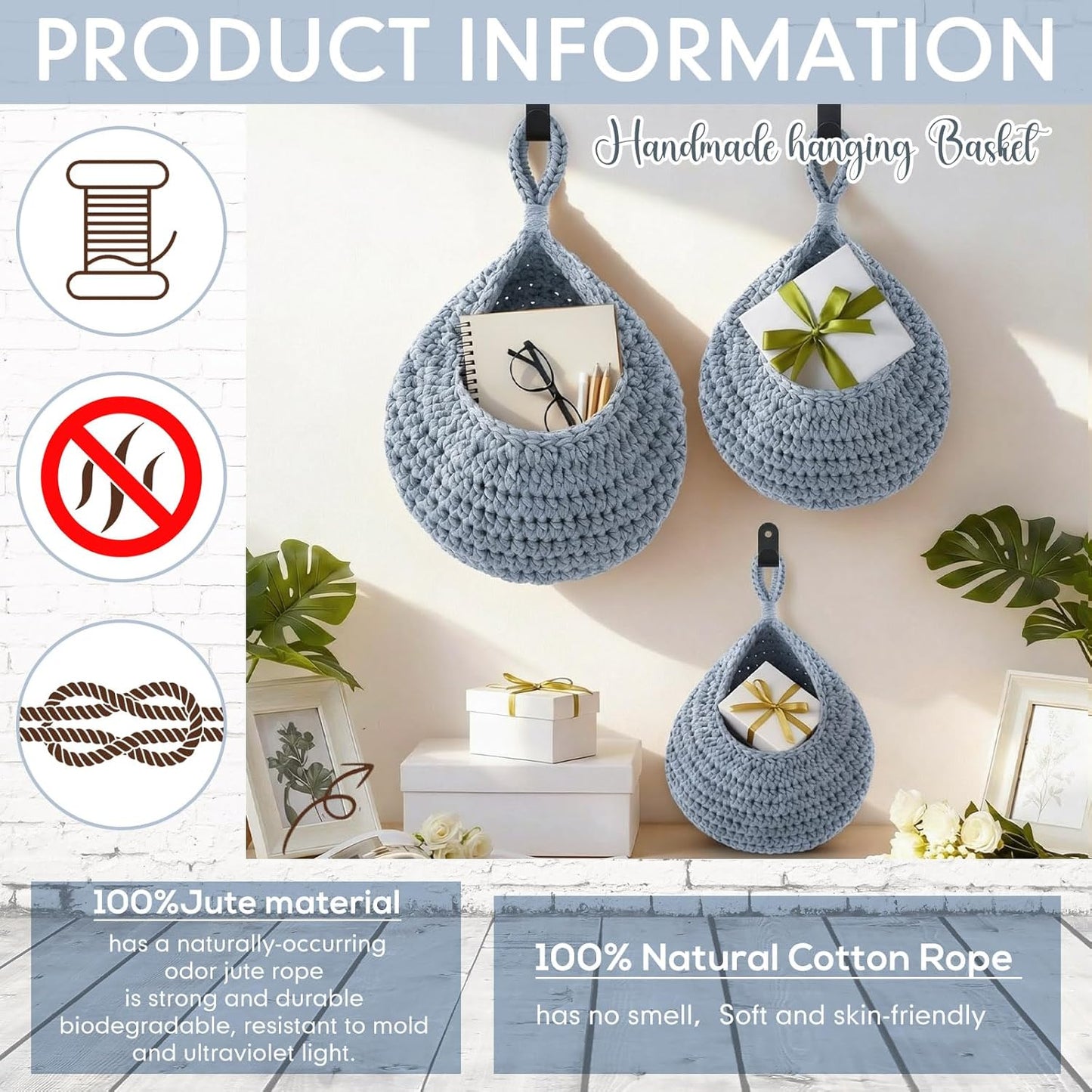 Honeydak Boho Decor Hanging Wall Baskets for Kitchen 3 Pack Teardrop Baskets with Hooks Storage Fruit Onion Vegetable Potato for Home 3 Sizes(Linen,Teardrop,Jute)