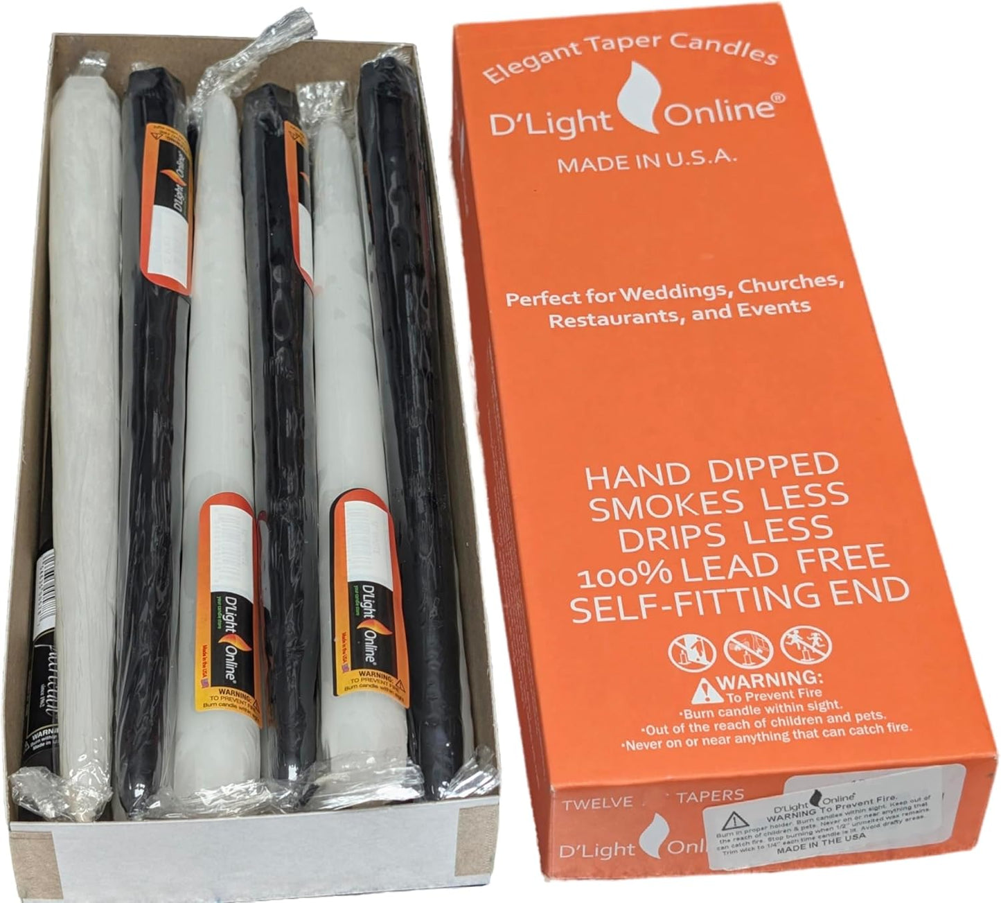 D'light Online White Taper Candles, 10 Inch Premium Quality Candles Hand-Dipped Tapered Candles, Dripless, Smokeless and Unwrapped Bulk Pack for Events - Set of 12 (10 Inch, White)