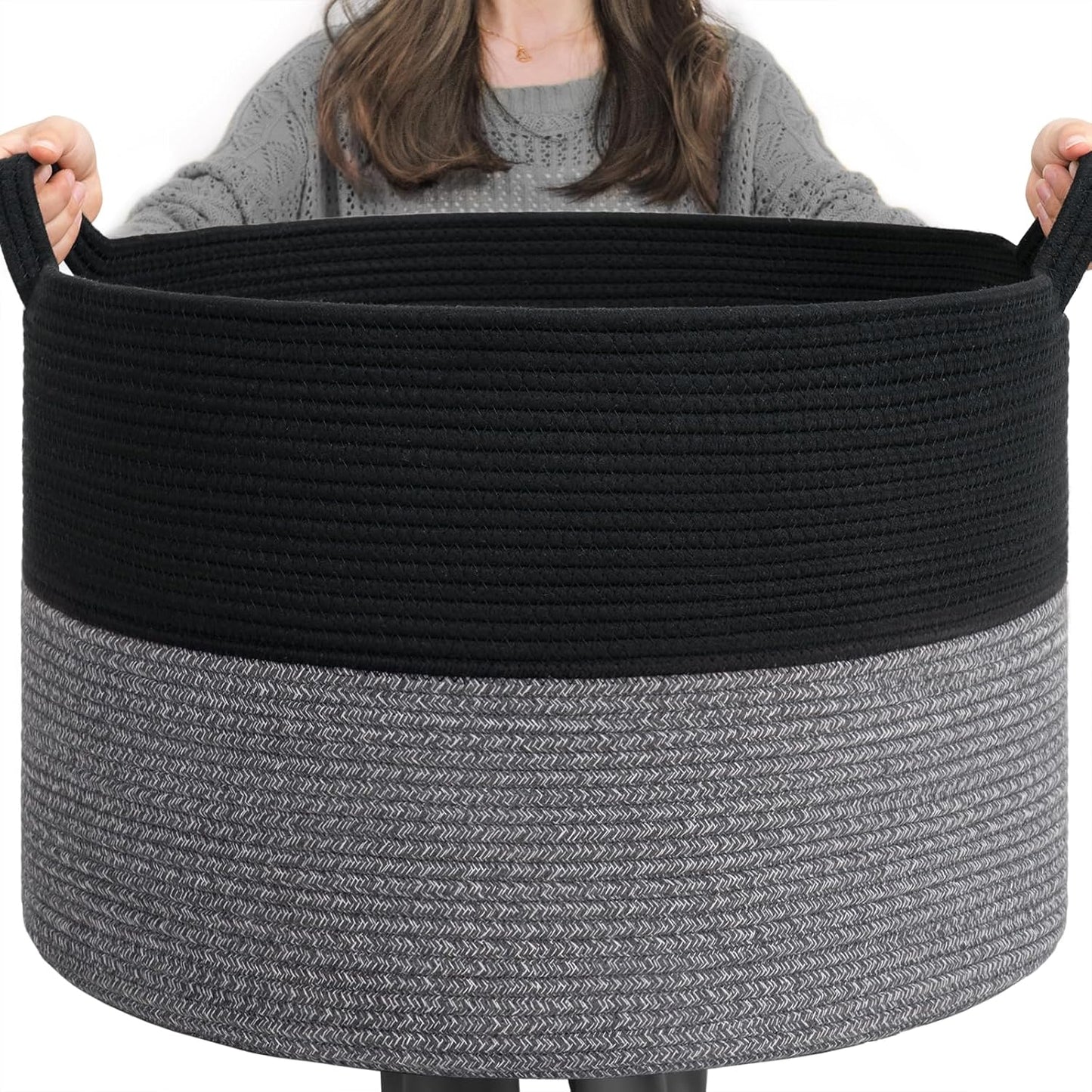 INDRESSME XXXLarge Blanket Basket for Living Room 21.7" x 21.7" x 13.8"-Storage Basket with Handle for Organizing Toy Pillows Woven Cotton Rope Laundry Basket Stuffed Animal Toy Storage for Play Room