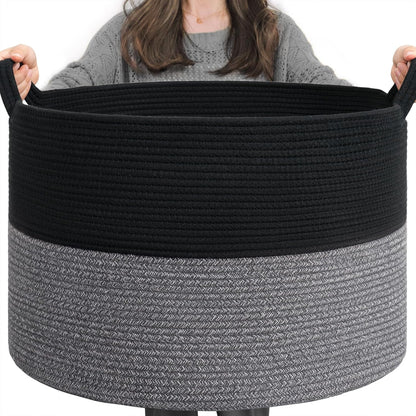 INDRESSME XXXLarge Blanket Basket for Living Room 21.7" x 21.7" x 13.8"-Storage Basket with Handle for Organizing Toy Pillows Woven Cotton Rope Laundry Basket Stuffed Animal Toy Storage for Play Room