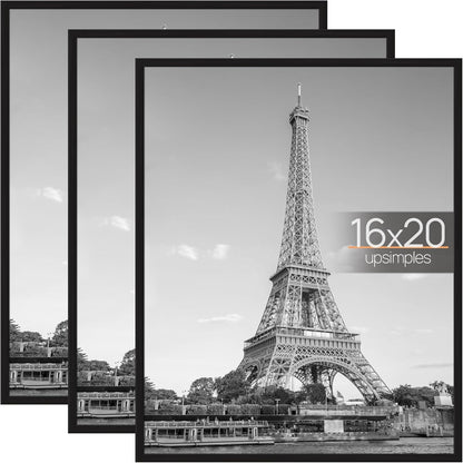 upsimples 24x36 Poster Frame Black 3 Pack, Scratch-Proof Picture Frames 24 x 36 for Photo Gallery - Slide-In Strips, Horizontal or Vertical Wall Mounting