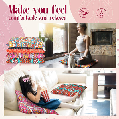 Nuogo 4 Pack Large 22 Inch Bohemian Floor Pillows Square Boho Floor Cushions Seating Pillows for Soft Yoga Meditation Pillow Mandala Pouf for Living Room Tatami Reading Nook(Exquisite)