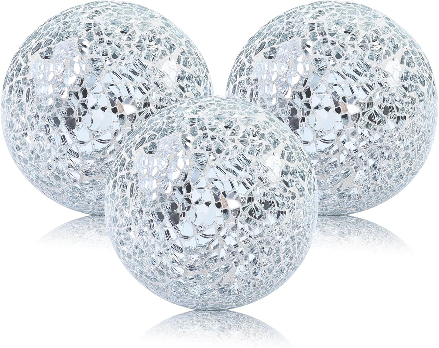 3 Pack Blue Decorative Orbs Mosaic Crack Glass Balls Decor Solid Sphere Globe Bowl Vase Fillers Holiday Living Room Mantle Basket Centerpiece 3.35 Inch