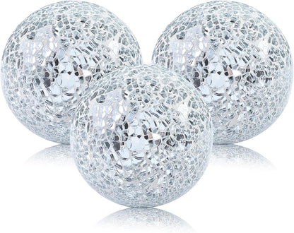 3 Pack Blue Decorative Orbs Mosaic Crack Glass Balls Decor Solid Sphere Globe Bowl Vase Fillers Holiday Living Room Mantle Basket Centerpiece 3.35 Inch