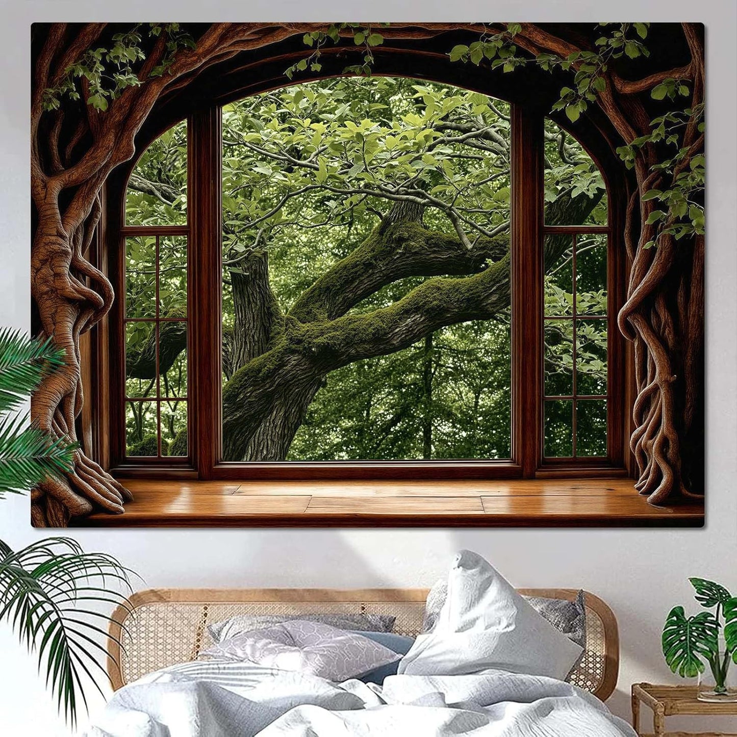 Lifeella Fantasy Castle Window Tapestry, Magic Woodland Scene Large Wall Backdrop, Fairytale Moon Mural for Bedroom Dorm Living Room Decor, 60x80 inches