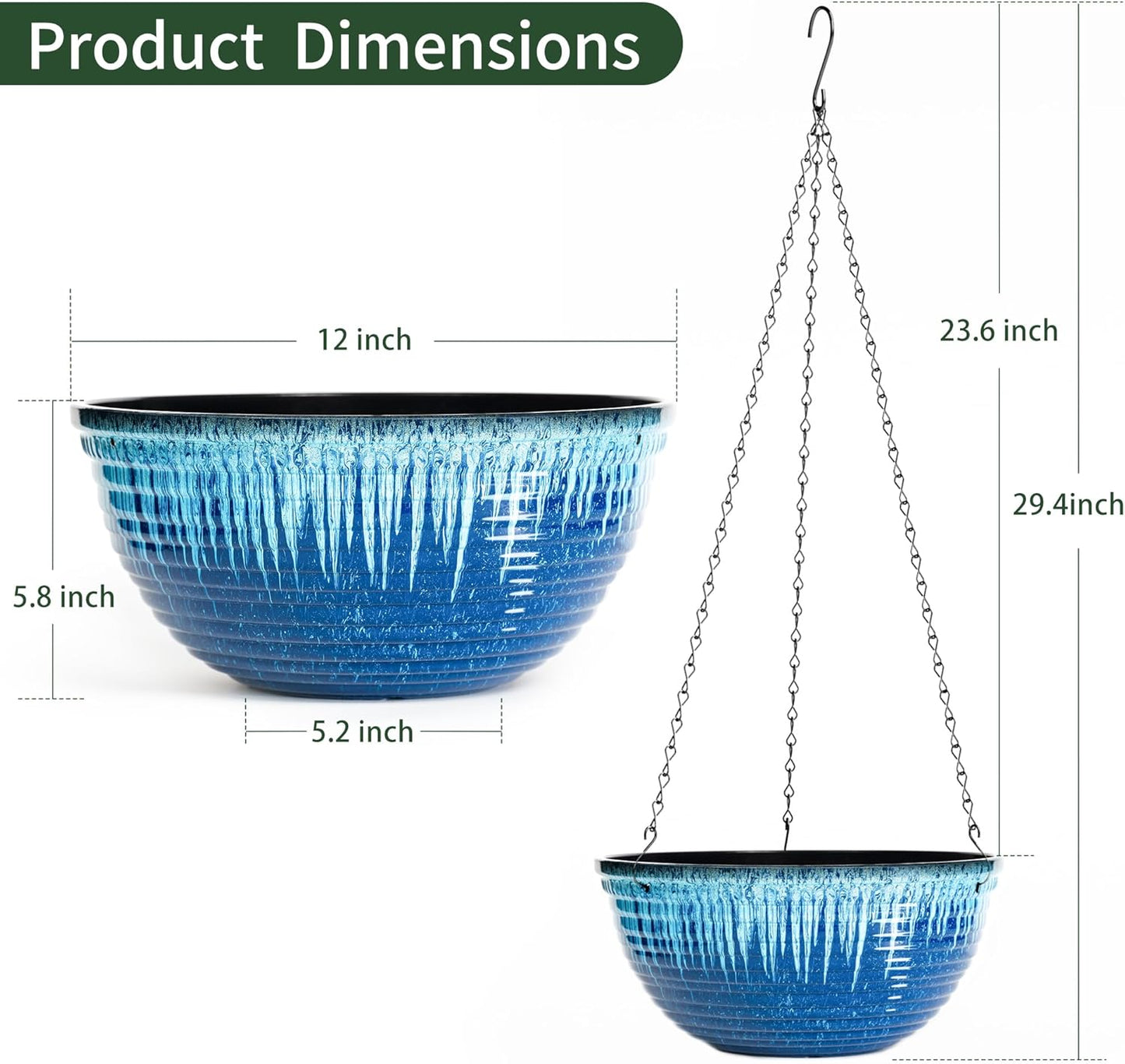 Vanslogreen 2 Pack Hanging Planters for Indoor Outdoor Plants, 10 Inch Hanging Planter with Drainage Hole & Plug Glazed Hanging Baskets Flower Pots for Garden Home (Blue)