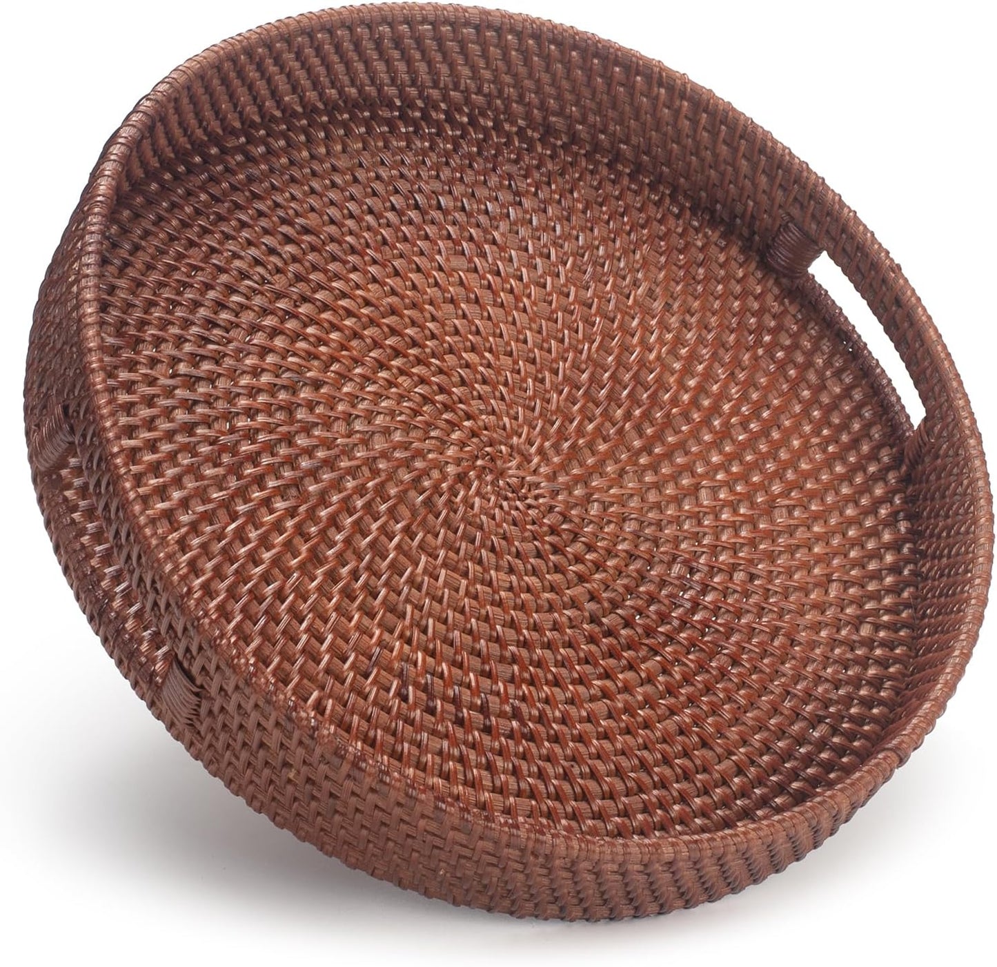 13.8 inch Round Rattan Tray, Decorative Coffee Table Tray, Ottoman Tray, Woven Serving Tray with Handles, Wicker Serving Basket, Whitewash