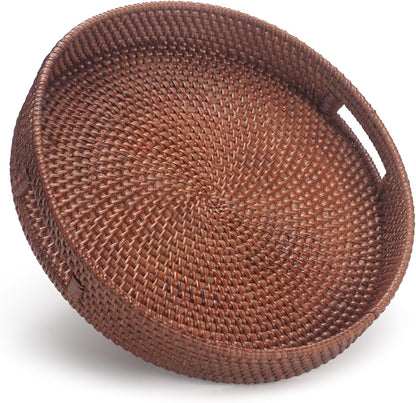 13.8 inch Round Rattan Tray, Decorative Coffee Table Tray, Ottoman Tray, Woven Serving Tray with Handles, Wicker Serving Basket, Whitewash