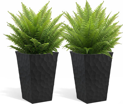 Keter Set of 2 Resin Modern Outdoor 22 Inch Tall Large Flower Pots, Tapered Wood Look Planters for Outdoor Plants and Front Porch Decor, Graphite