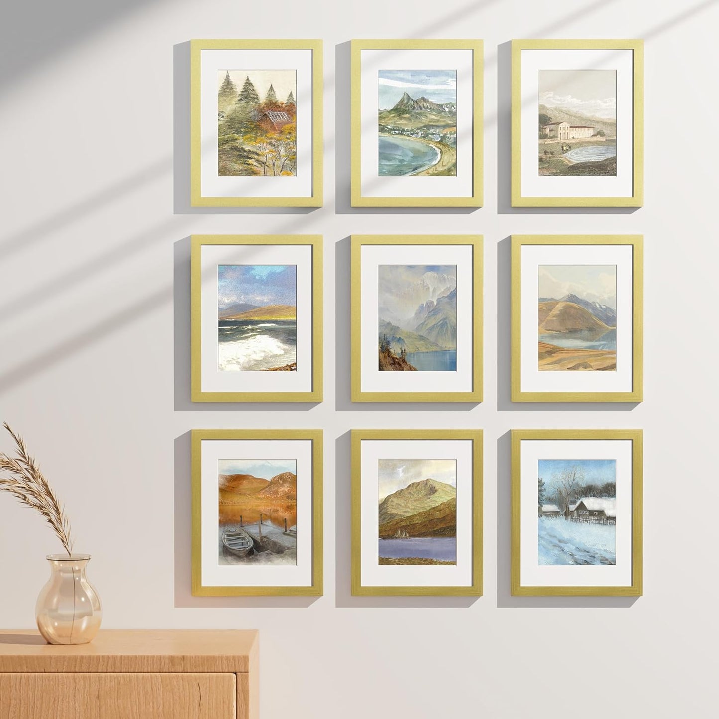 Vittanly 8x10 Picture Frames Set of 9, Shatter Resistant Plexiglass, Display 5x7 Pictures with Mat or 8x10 without Mat, Photo Frames for Wall or Tabletop, Engineered Wood, Black - Colors A