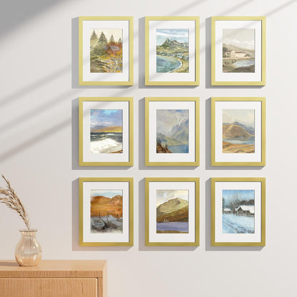 Vittanly 8x10 Picture Frames Set of 9, Shatter Resistant Plexiglass, Display 5x7 Pictures with Mat or 8x10 without Mat, Photo Frames for Wall or Tabletop, Engineered Wood, Black - Colors A
