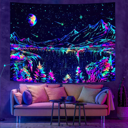Zussun Black and White Tapestry Starry Night Mountain Tapestries for Bedroom Aesthetic Moon and Stars Tapastry's Wall Hanging Dark Nature Forest Wall Tapestry for Living Room Dorm (48'' × 36'')