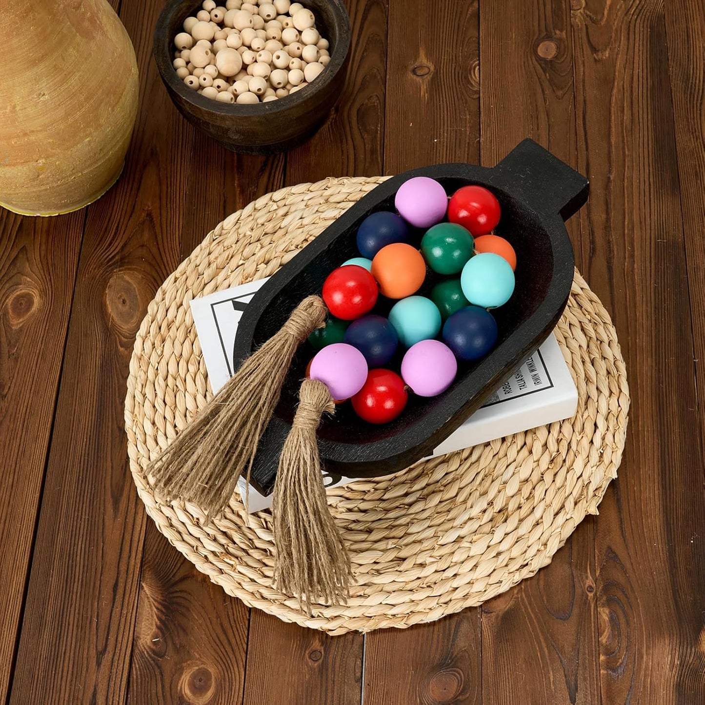 OMISHE Extra Large Wood Bead Garland with 1.6" Diameter Wooden Beads and Tassels, 41" Long Rustic Farmhouse Country Decorative Beads for Home Tiered Tray Decor, Natural Beige