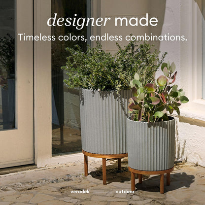 Veradek Demi Series Round Planter w/ Stand for Porch/Patio | Durable Plastic-Concrete & Wooden Stand | Modern Décor for Tall Plants, Flowers
