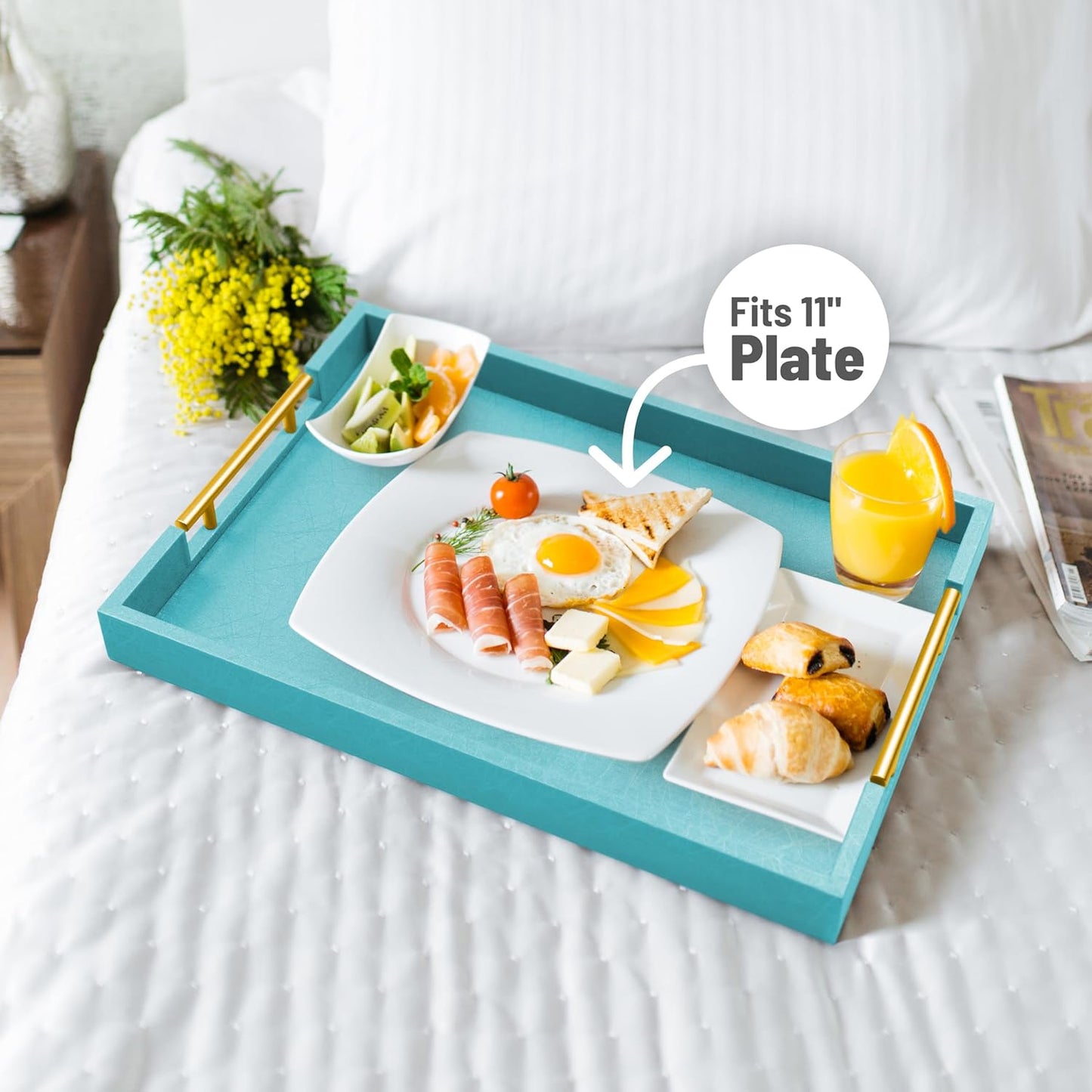 ATZYmolin 17" x 12" Wood Serving Tray with Gold Polished Metal Handles, Home Decorative Wooden Rectangle Ottoman Leather Decor Platter Bathroom Vanity Tray for All Occasions White