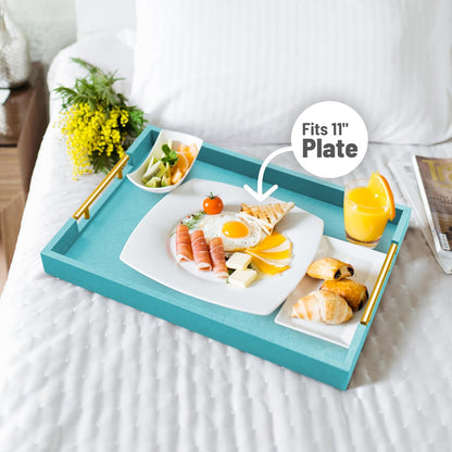 ATZYmolin 17" x 12" Wood Serving Tray with Gold Polished Metal Handles, Home Decorative Wooden Rectangle Ottoman Leather Decor Platter Bathroom Vanity Tray for All Occasions White
