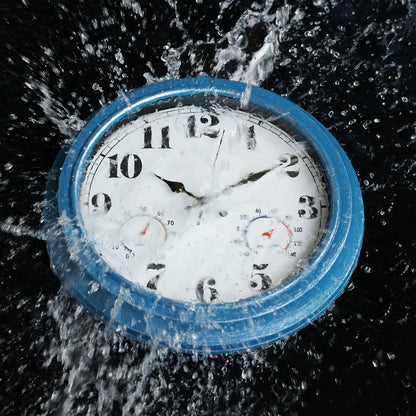 JENLYSTIME 12 Inch Indoor/Outdoor Retro Waterproof Wall Clock with Thermometer Silent Round Quartz Battery Operated Easy to Read Decorative for Kitchen Patio,Bathroom,Deck,Porch,Pool(Blue)