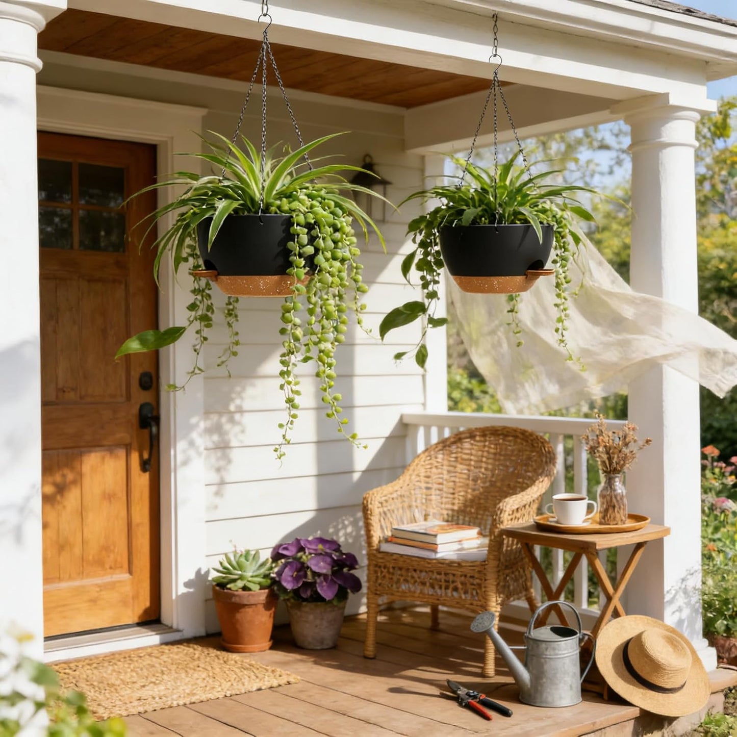 UOUZ 13 Inch 2 Pack Large Self Watering Hanging Planters for Indoor Outdoor Plants, Hanging Plant Pots with Removable 50 Oz Reservoir, Plastic Hanging Basket for Window Porch Garden Balcony, Black