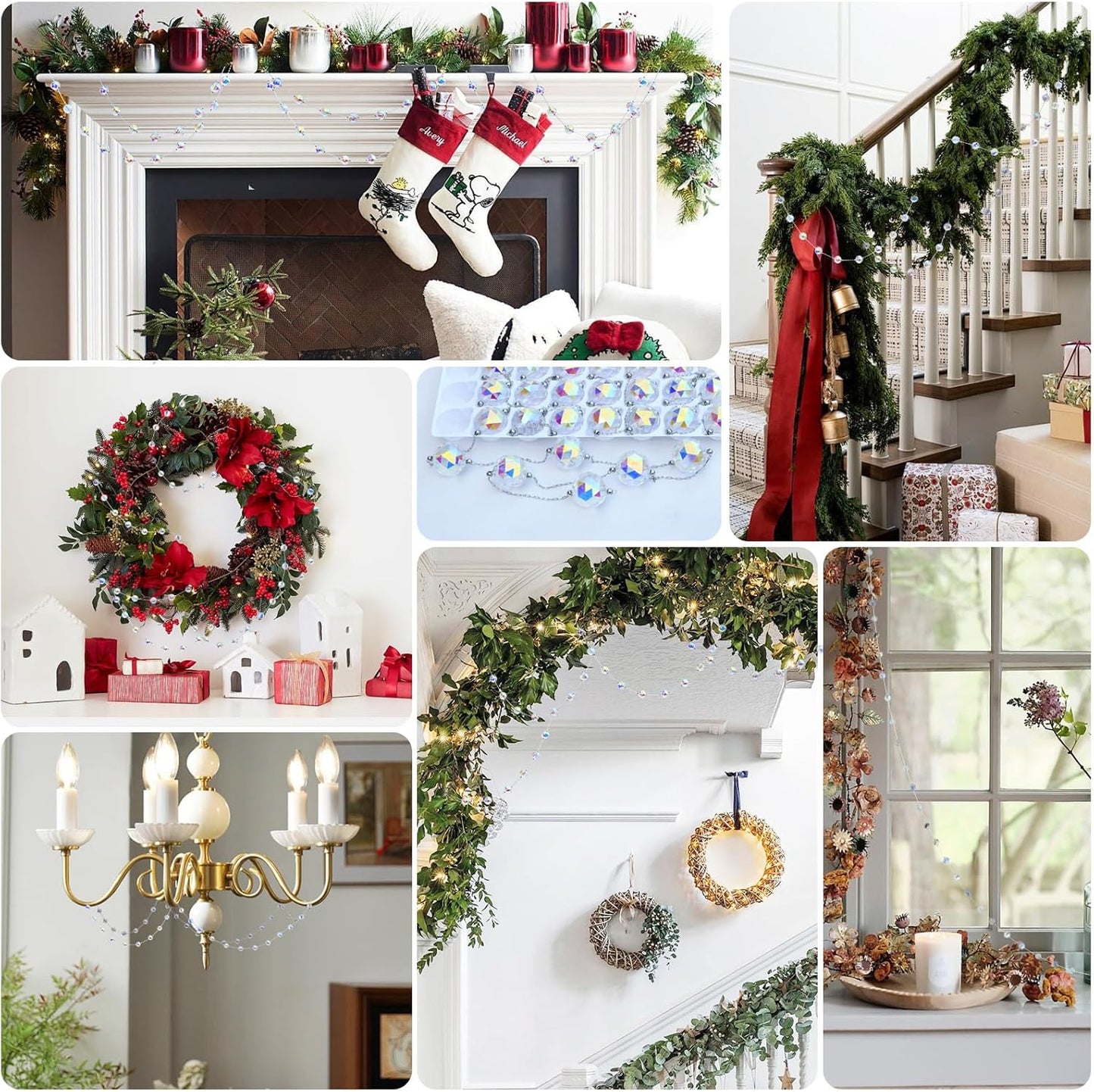 LEFERS 9.8Ft Crystal Glass Balls Christmas Garland,48 Beads 16mm Faceted Prism Beads Strands Hanging Ornament Decoration for Christmas Tree Centerpieces Wedding Party (Gold)