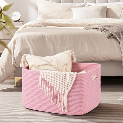 OIAHOMY 75L Large Woven Cotton Rope Storage Basket with Handle for Organizing Blanket and Toys for Living Room, Nursery, Brown Variegated 22”x17”x12”
