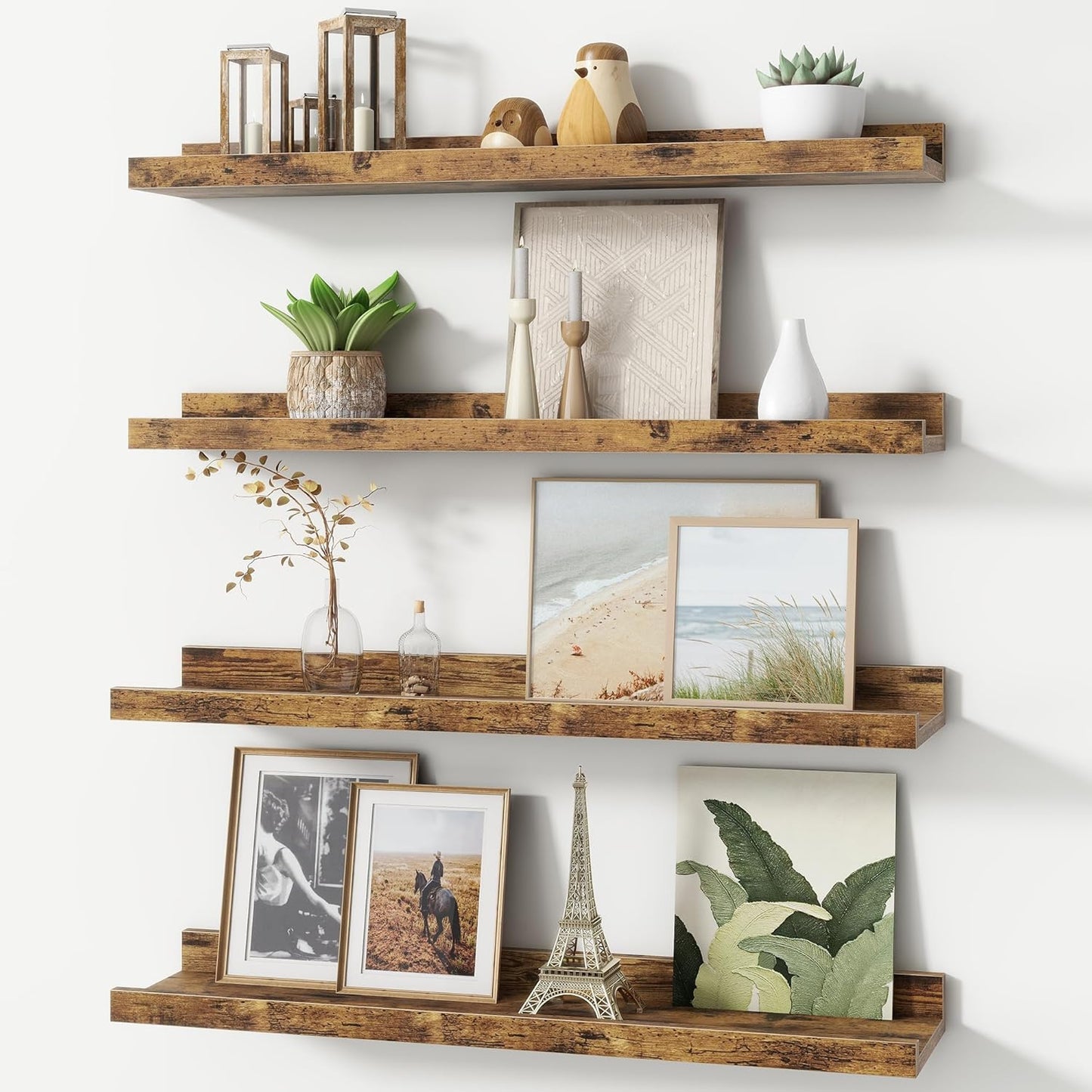 FLYJOE Picture Ledge Shelf, Floating Shelves Set of 2, 48 Inches Long Large Nursery Book Shelves for Toys Storage, Kids Bookshelf Wall Mounted for Living Room Bedroom Decor Books Photo Frames, Walnut
